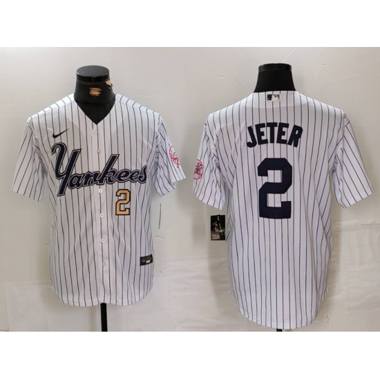 Men's New York Yankees #2 Derek Jeter White Pinstripe Fashion Cool Base Jerseys