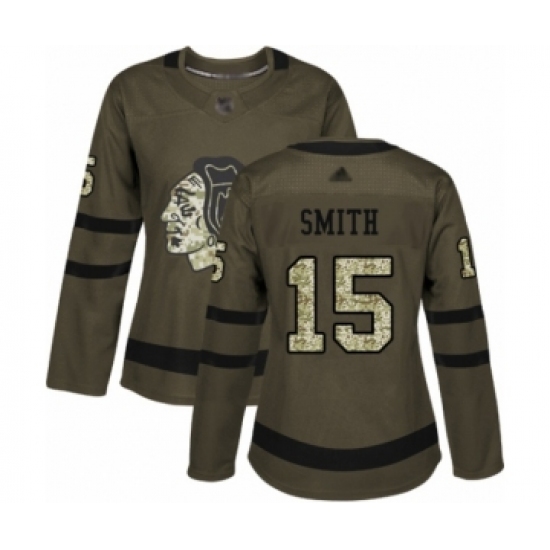 Women's Chicago Blackhawks #15 Zack Smith Authentic Green Salute to Service Hockey Jersey - Ujersey