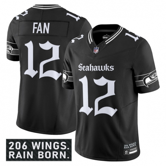 Men's Seattle Seahawks #12 Fan Black 2025 F.U.S.E. 'Gothic Rain City Shadows Edition' Vapor Limited Football Stitched Jersey - Ujersey