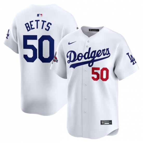 Men's Los Angeles Dodgers #50 Mookie Betts White 2024 World Series Champions Home Limited Stitched Baseball Jersey - ujerseystore