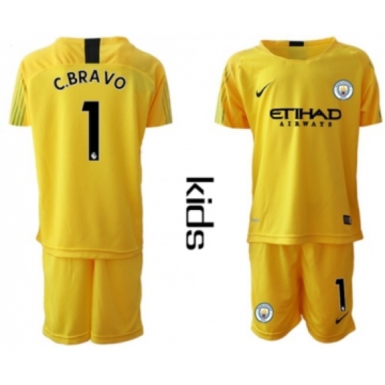 Manchester City #1 C.Bravo Yellow Goalkeeper Kid Soccer Club Jersey