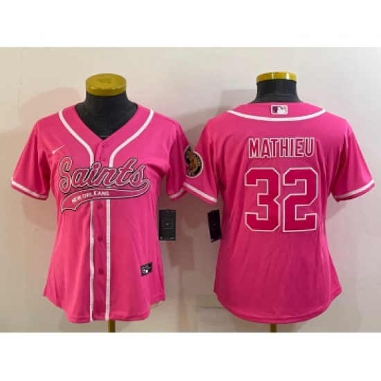 Women's New Orleans Saints #32 Tyrann Mathieu Pink With Patch Cool Base Stitched Baseball Jersey - Ujersey