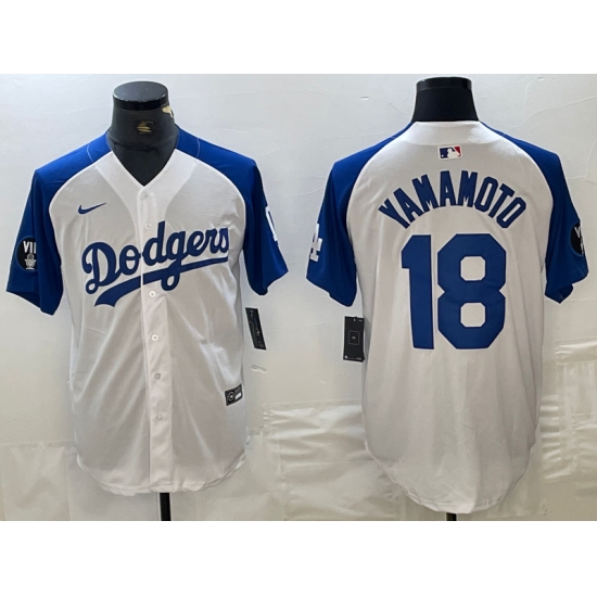 Men's Los Angeles Dodgers #18 Yoshinobu Yamamoto White Blue Fashion Stitched Cool Base Limited Jerseys - Ujersey