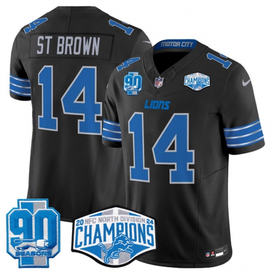 Men's Detroit Lions #14 Amon-Ra St. Brown Black 2024 NFC North Champions 90th Anniversary F.U.S.E. Vapor Limited Stitched Jersey - Ujersey