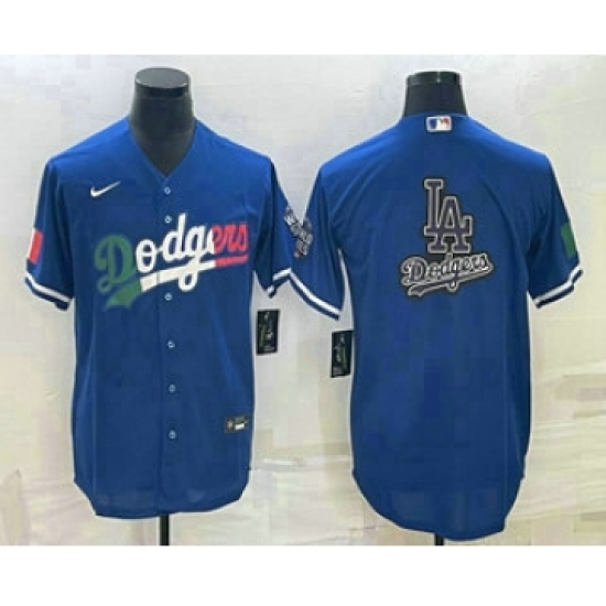 Men's Los Angeles Dodgers Big Logo Navy Blue Pinstripe Stitched MLB Cool Base Nike Jersey1 - Ujersey