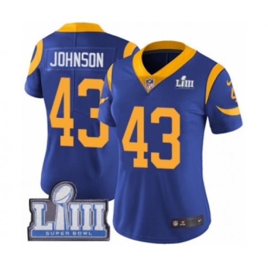 Women's Nike Los Angeles Rams #43 John Johnson Royal Blue Alternate Vapor Untouchable Limited Player Super Bowl LIII Bound NFL Jersey - Ujersey