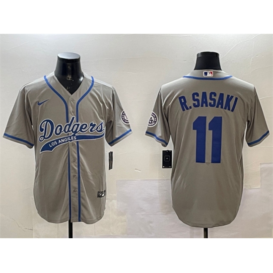 Men's Los Angeles Dodgers #11 Roki Sasaki Gray With Cool Base Stitched Baseball Jersey - Ujersey
