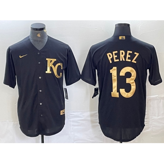 Men's Kansas City Royals #13 Salvador Perez Black Gold Cool Base Stitched Jersey - Ujersey