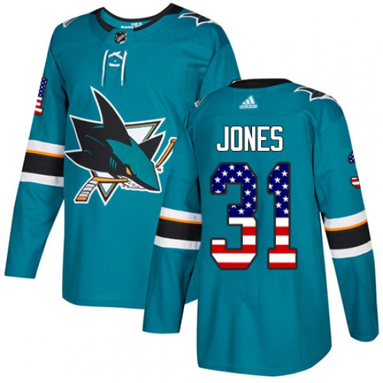 Youth Adidas San Jose Sharks #31 Martin Jones Authentic Teal Green USA Flag Fashion NHL Jersey - Ujersey