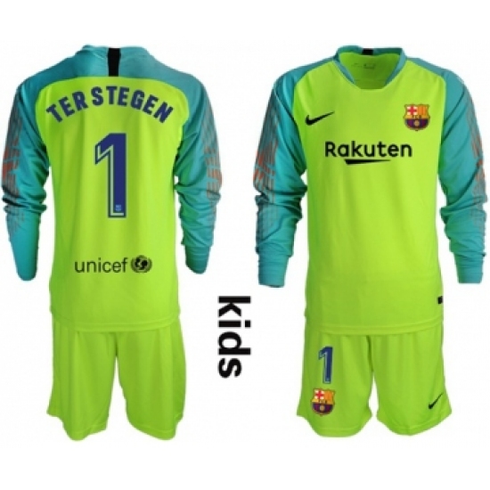 Barcelona #1 Ter Stegen Shiny Green Goalkeeper Long Sleeves Kid Soccer Club Jersey