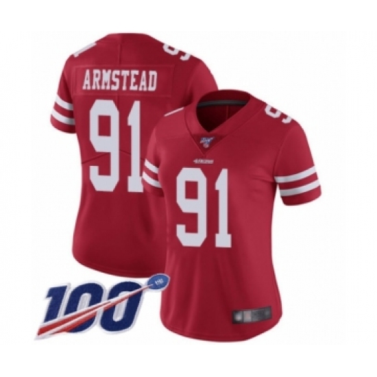 Women's San Francisco 49ers #91 Arik Armstead Red Team Color Vapor Untouchable Limited Player 100th Season Football Jersey - Ujersey