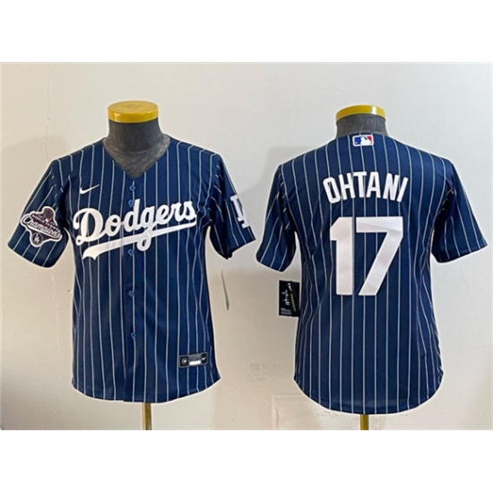 Youth Los Angeles Dodgers #17 Shohei Ohtani Navy Pinstripe 2025 World Series Champions Cool Base Stitched Baseball Jersey - Ujersey