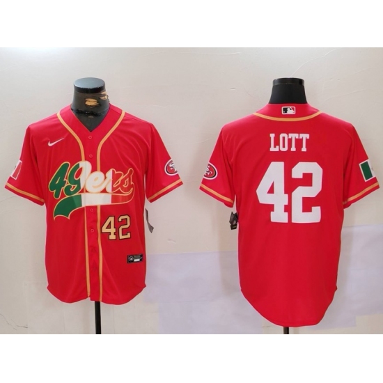 Men's San Francisco 49ers #42 Ronnie Lott Red With Cool Base Stitched Baseball Jersey - Ujersey