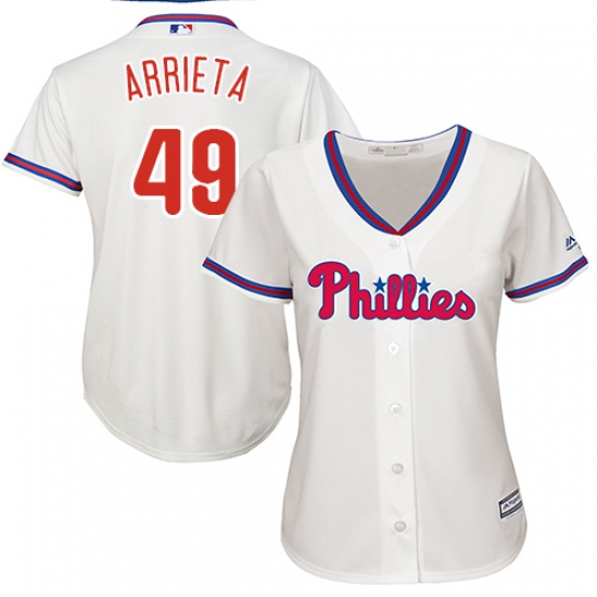 Women's Majestic Philadelphia Phillies #49 Jake Arrieta Replica Cream Alternate Cool Base MLB Jersey - Ujersey