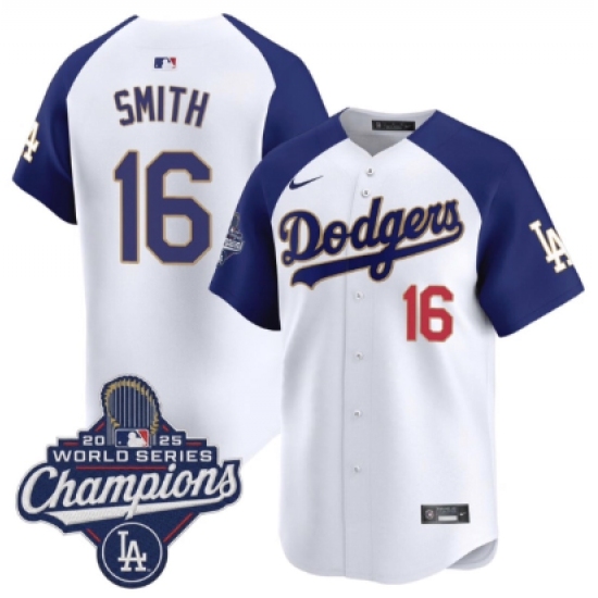 Men's Los Angeles Dodgers #16 Will Smith White Blue 2025 Champions Stitched Baseball Jersey - Ujersey