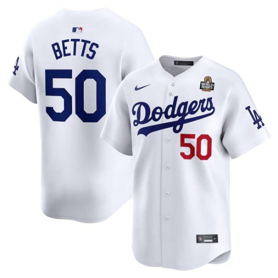 Men's Los Angeles Dodgers #50 Mookie Betts White 2024 World Series Home Limited Cool Base Stitched Baseball Jersey - Ujersey