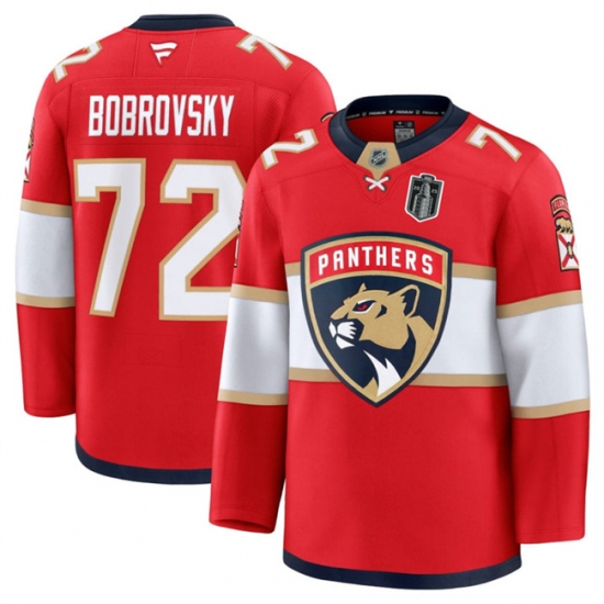 Men's Florida Panthers #72 Sergei Bobrovsky Red 2025 Stanley Cup Final Stitched Hockey Jersey