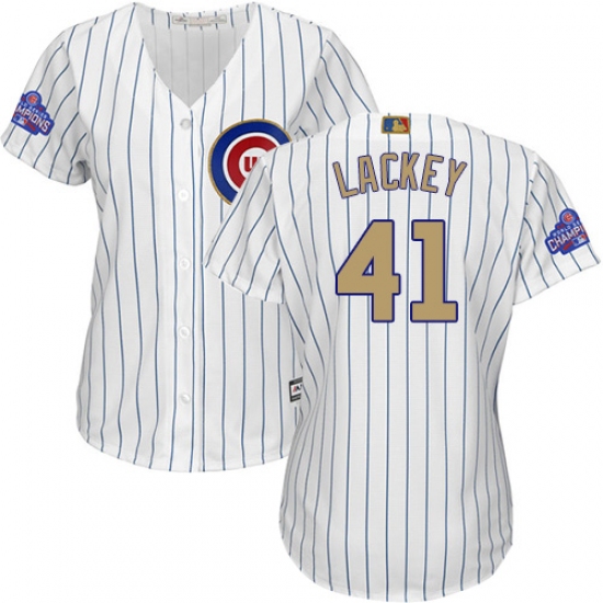 Women's Majestic Chicago Cubs #41 John Lackey Authentic White 2017 Gold Program MLB Jersey - Ujersey