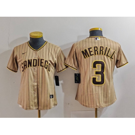 Women's San Diego Padres #3 Jackson Merrill Tan Stitched Baseball Jersey(Run Small) - Ujersey
