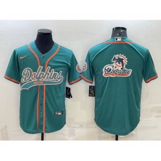 Men's Miami Dolphins Aqua Team Big Logo With Patch Cool Base Stitched Baseball Jersey - Ujersey
