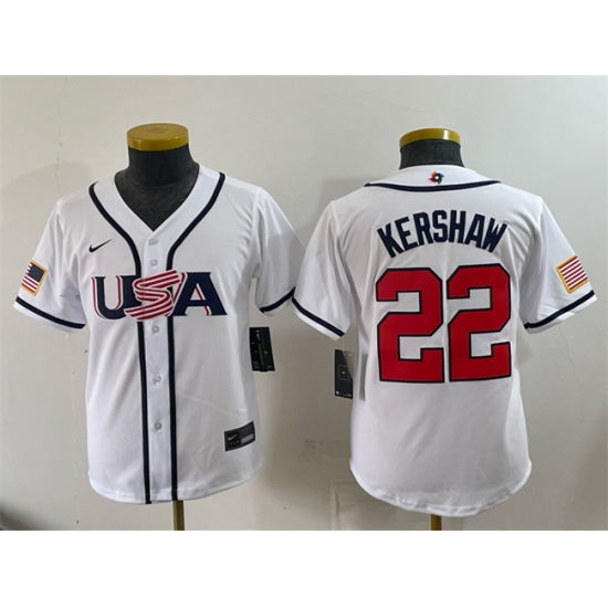 Youth USA Baseball #22 Clayton Kershaw White 2026 World Baseball Classic Home Stadium Stitched Baseball Jersey