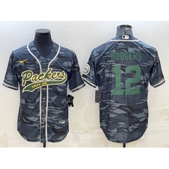 Men's Green Bay Packers #12 Aaron Rodgers Grey Green Camo With Patch Cool Base Stitched Baseball Jersey - Ujersey