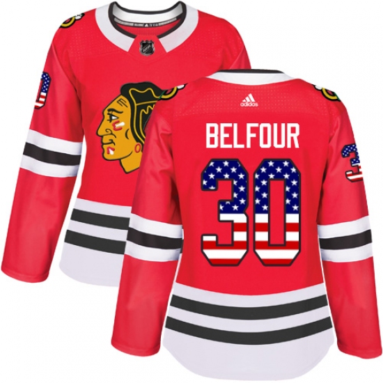 Women's Adidas Chicago Blackhawks #30 ED Belfour Authentic Red USA Flag Fashion NHL Jersey - Ujersey