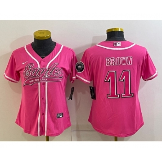 Women's Philadelphia Eagles #11 AJ Brown Pink With Patch Cool Base Stitched Baseball Jersey - Ujersey