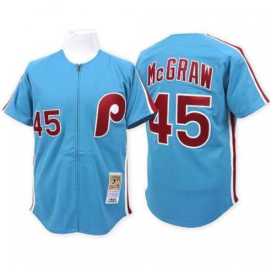 Men's Mitchell and Ness Philadelphia Phillies #45 Tug McGraw Authentic Blue Throwback MLB Jersey - Ujersey