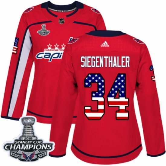 Women's Adidas Washington Capitals #34 Jonas Siegenthaler Authentic Red USA Flag Fashion 2018 Stanley Cup Final Champions NHL Jersey - Ujersey