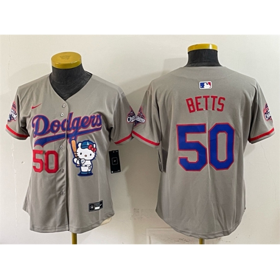 Women's Los Angeles Dodgers #50 Mookie Betts Grey Hello Kitty Night 2025 World Series Champions Stitched Baseball Jersey(Run Small) - Ujersey
