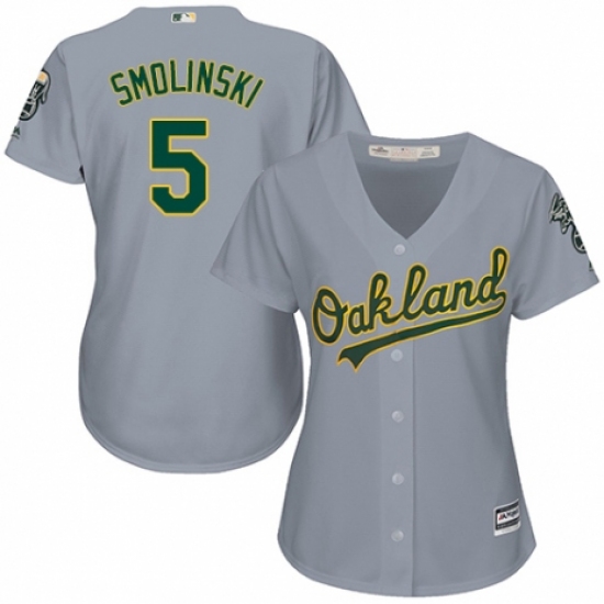 Women's Majestic Oakland Athletics #5 Jake Smolinski Authentic Grey Road Cool Base MLB Jersey - Ujersey