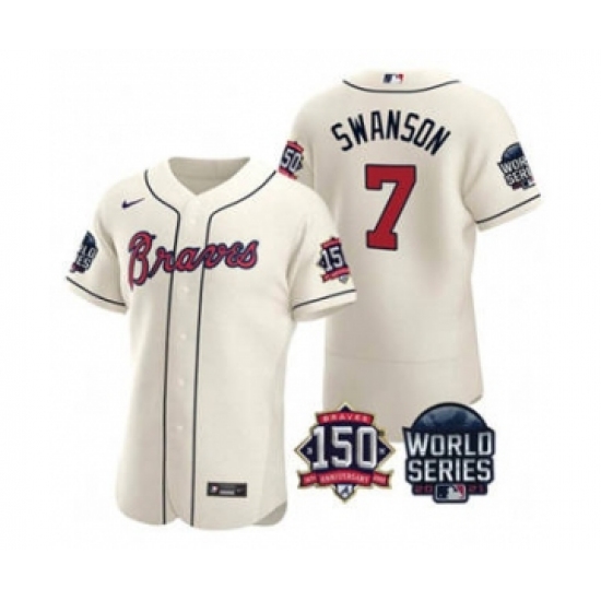 Men's Atlanta Braves #7 Dansby Swanson 2021 Cream World Series Flex Base With 150th Anniversary Patch Baseball Jersey