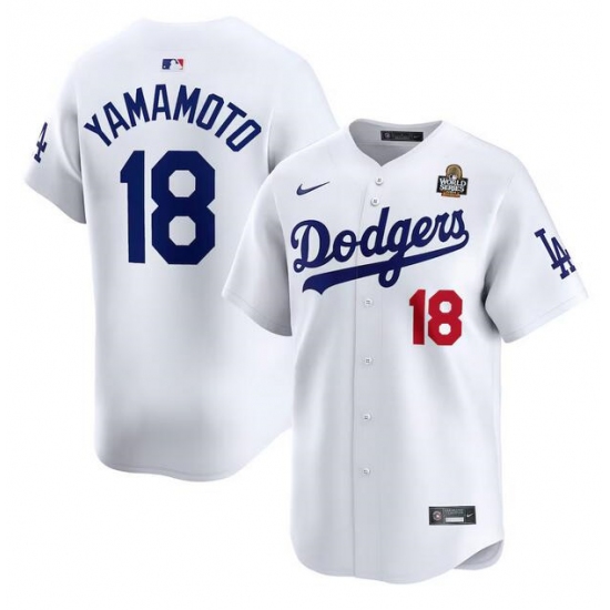 Men's Los Angeles Dodgers #18 Yoshinobu Yamamoto White 2024 World Series Home Limited Stitched Baseball Jersey - Ujersey