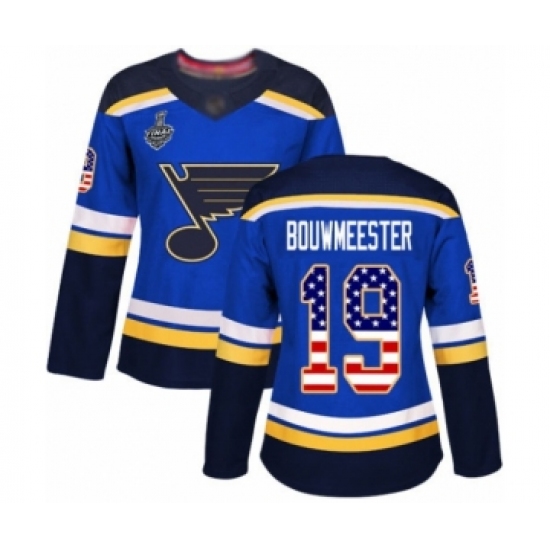 Women's St. Louis Blues #19 Jay Bouwmeester Authentic Blue USA Flag Fashion 2019 Stanley Cup Final Bound Hockey Jersey - Ujersey