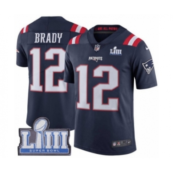 Men's Nike New England Patriots #12 Tom Brady Limited Navy Blue Rush Vapor Untouchable Super Bowl LIII Bound NFL Jersey - Ujersey