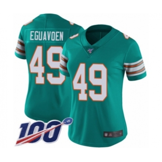 Women's Miami Dolphins #49 Sam Eguavoen Aqua Green Alternate Vapor Untouchable Limited Player 100th Season Football Jersey - Ujersey