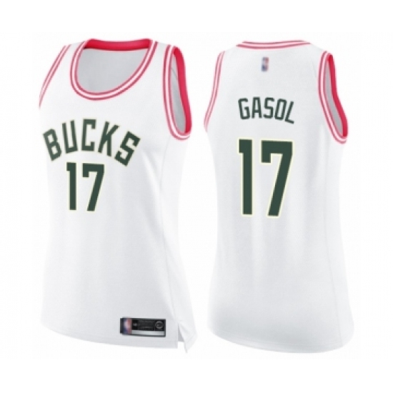 Women's Milwaukee Bucks #17 Pau Gasol Swingman White Pink Fashion Basketball Jersey - Ujersey