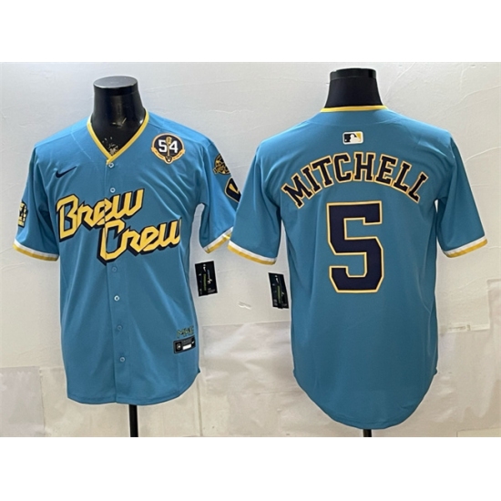 Men's Milwaukee Brewers #5 Garrett Mitchell Powder Blue City Connect With Home & Bob Uecker Limited Stitched Baseball Jersey - Ujersey