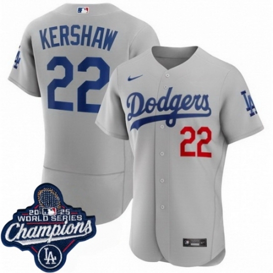 Men's Los Angeles Dodgers 22 Clayton Kershaw Cool Base 2025 World Champions Stitched Baseball Jersey Gray - Ujersey