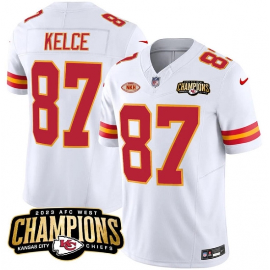 Men’s Kansas City Chiefs #87 Travis Kelce White 2023 F.U.S.E. AFC West Champions With NKH Vapor Untouchable Limited Football Stitched Jersey