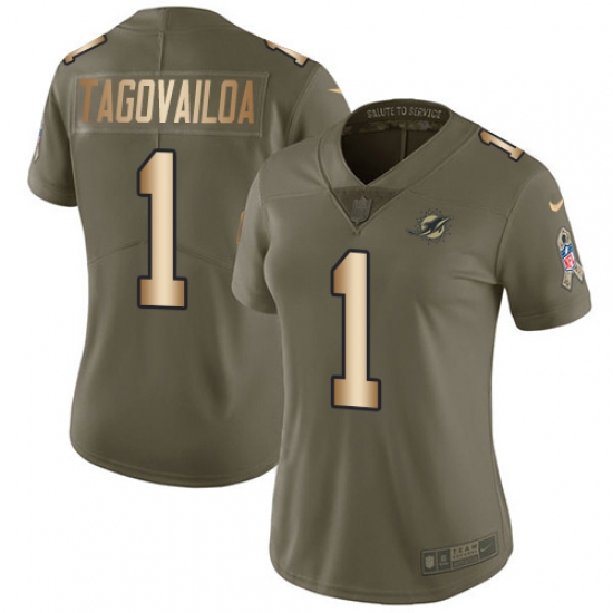 Women's Miami Dolphins #1 Tua Tagovailoa Olive Gold Stitched Limited 2017 Salute To Service Jersey - Ujersey