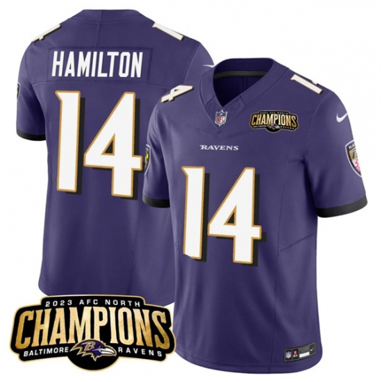 Men's Baltimore Ravens #14 Kyle Hamilton Purple 2023 F.U.S.E. AFC North Champions Vapor Limited Football Stitched Jersey - Ujersey