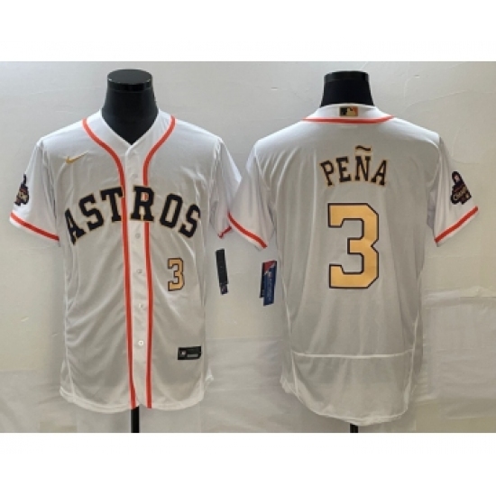 Men's Houston Astros #3 Jeremy Pena Number 2023 White Gold World Serise Champions Flex Base Stitched Jersey1 - Ujersey