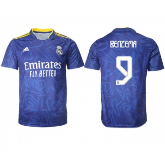 Men's Real Madrid #9 Karim Benzema 2021-22 Blue Away Soccer Jersey