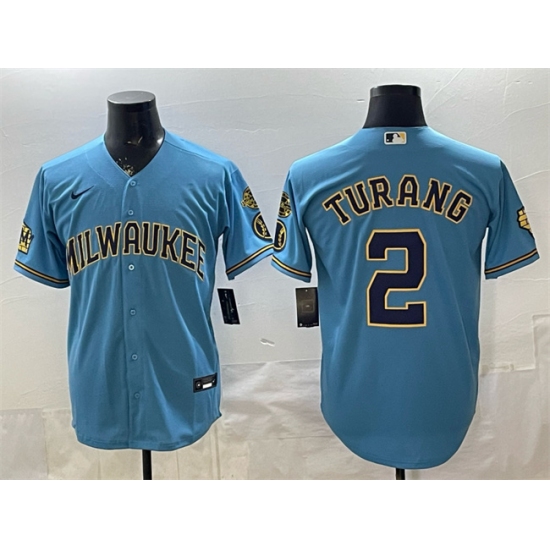 Men's Milwaukee Brewers #2 Brice Turang Blue With Home & Bob Uecker Stitched Baseball Jersey
