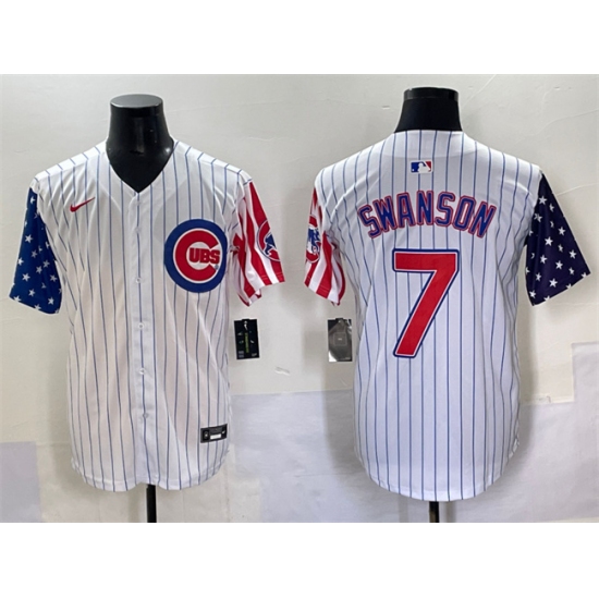 Men's Chicago Cubs #7 Dansby Swanson White Pinstripe 2025 Independence Day Vapor Premier Limited Stitched Baseball Jersey - Ujersey