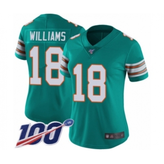 Women's Miami Dolphins #18 Preston Williams Aqua Green Alternate Vapor Untouchable Limited Player 100th Season Football Jersey - Ujersey