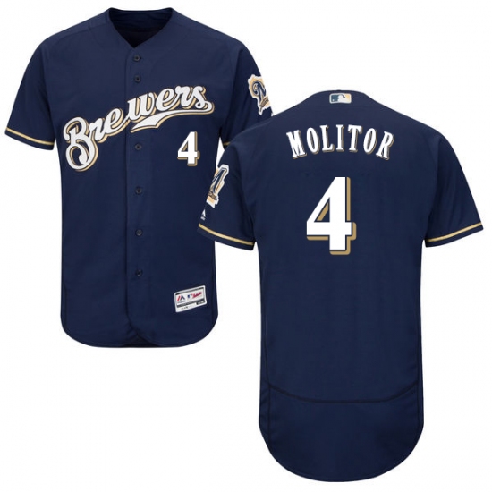 Men's Majestic Milwaukee Brewers #4 Paul Molitor Navy Blue Alternate Flex Base Authentic Collection MLB Jersey - Ujersey