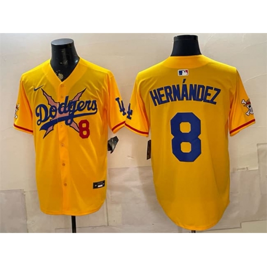 Men's Los Angeles Dodgers x One Piece #8 Enrique Hernández Yellow Vapor Premier Limited Stitched Baseball Jersey